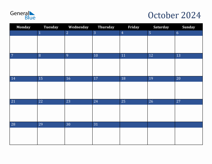 October 2024 Downloadable Monday Start Calendar