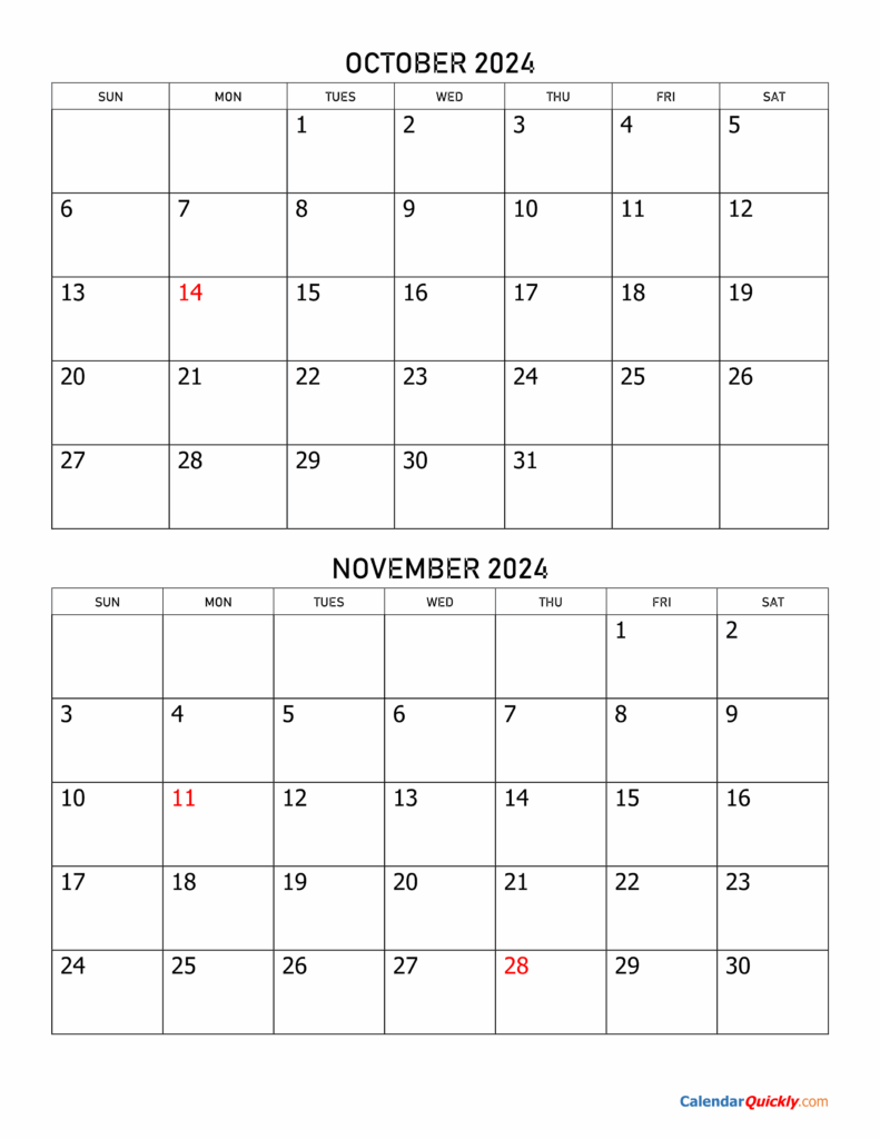 October And November 2024 Calendar Calendar Quickly
