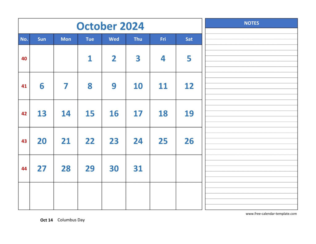 October Calendar 2024 Grid Lines For Holidays And Notes horizontal