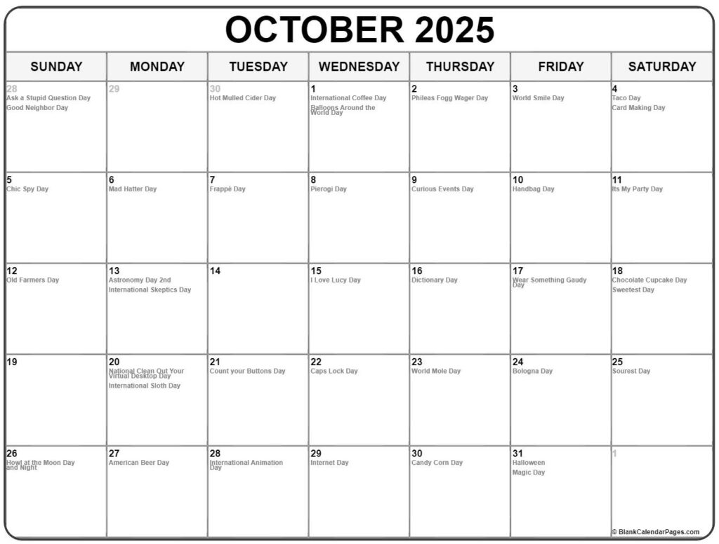 October Calendar 2025 With Holidays Charles E Stobie