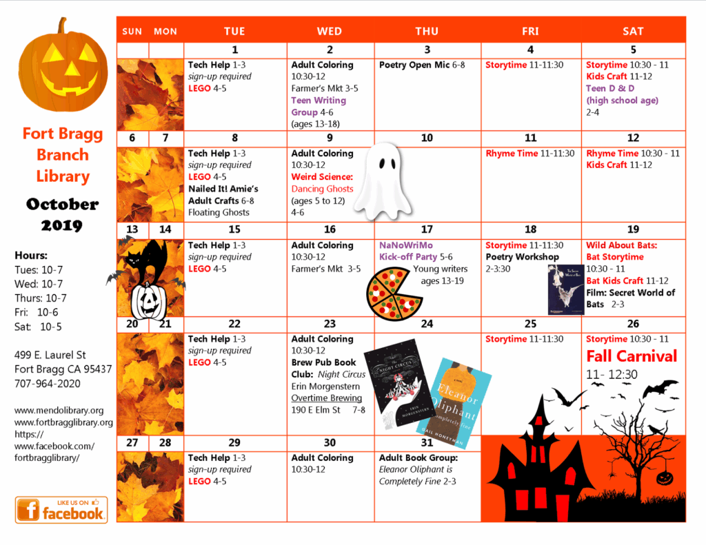 October Calendar Of Events 2019 Fort Bragg Library