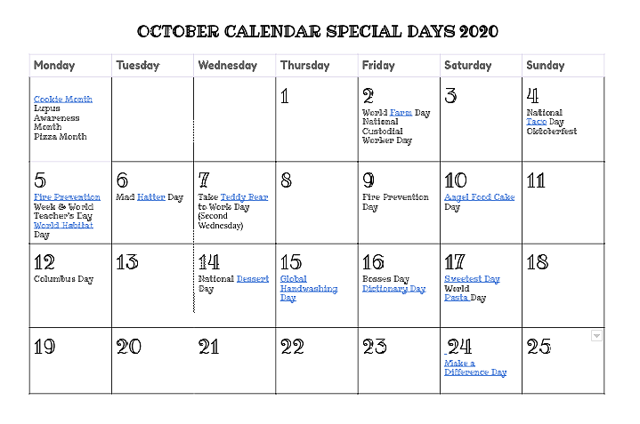 October Calendar Of Special Days And Unique Holidays For Kids 2020 