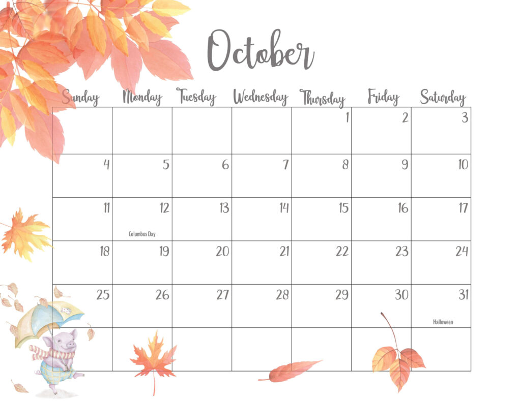 October Calendar Printable Free