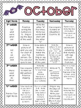 October Homework Calendar A Month Of Homework For Kindergarteners 