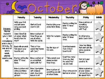 October Kindergarten Homework Calendar Common Core Aligned TpT