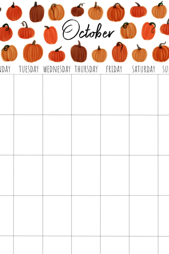 October Pumpkin Printable Digital Monthly Calendar October Calendar 