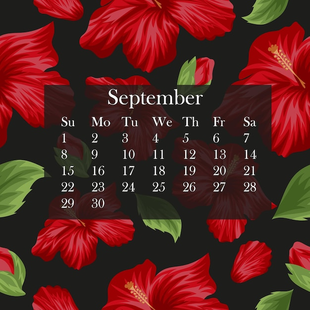 Premium Vector September 2024 Floral Calendar Of Open Red Mallow Buds 
