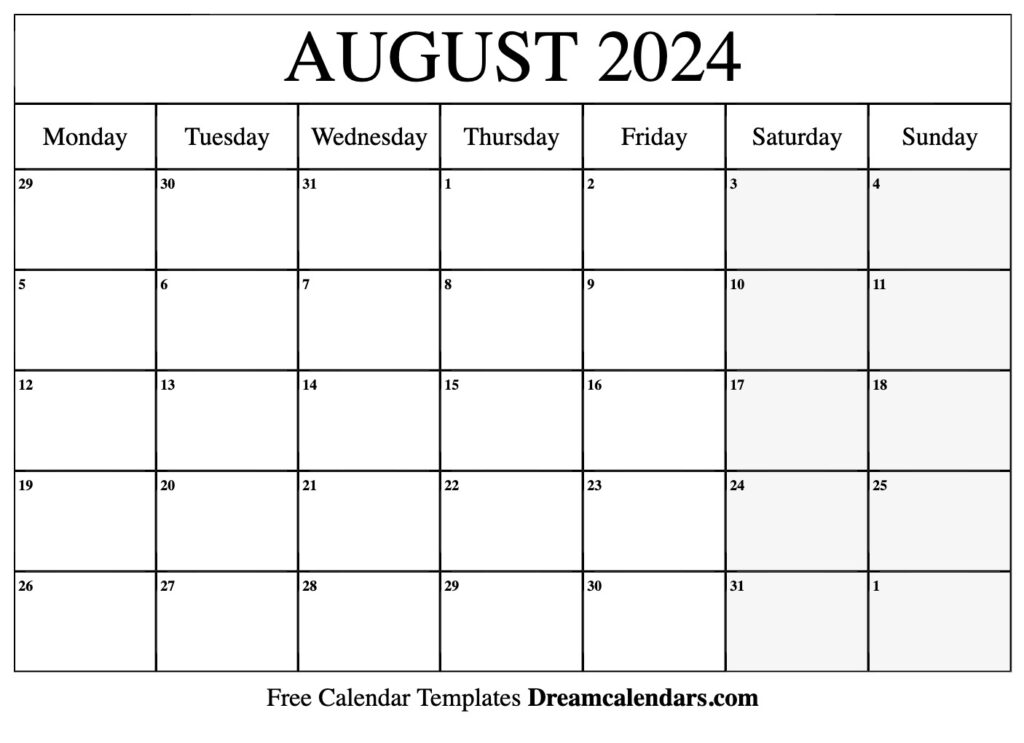Print August 2021 Calendar Blank Printable Template Pdf Word Excel 