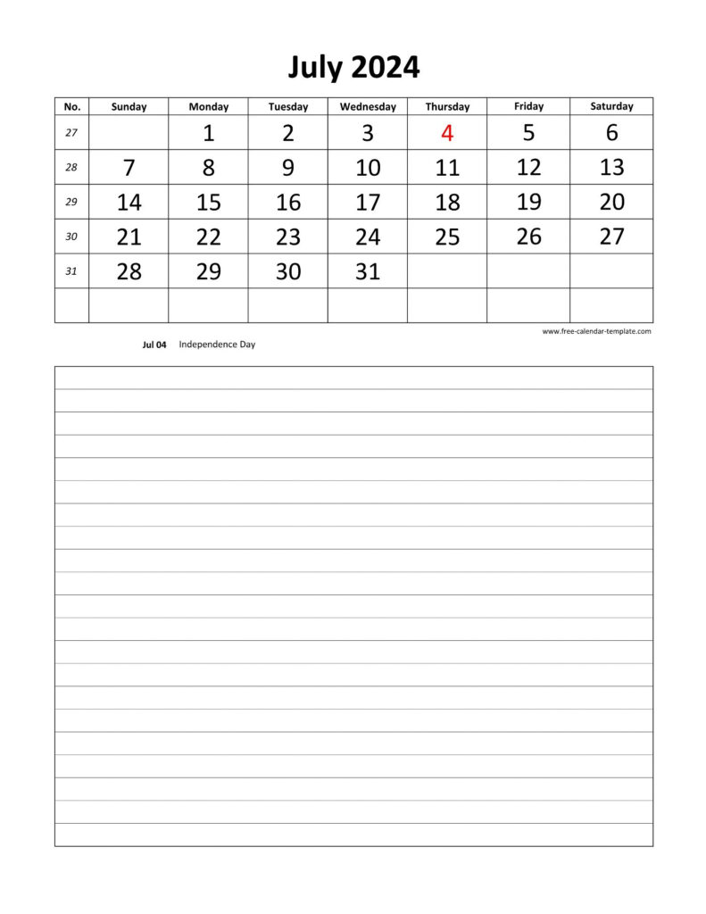 Printable 2024 July Calendar Grid Lines For Daily Notes vertical