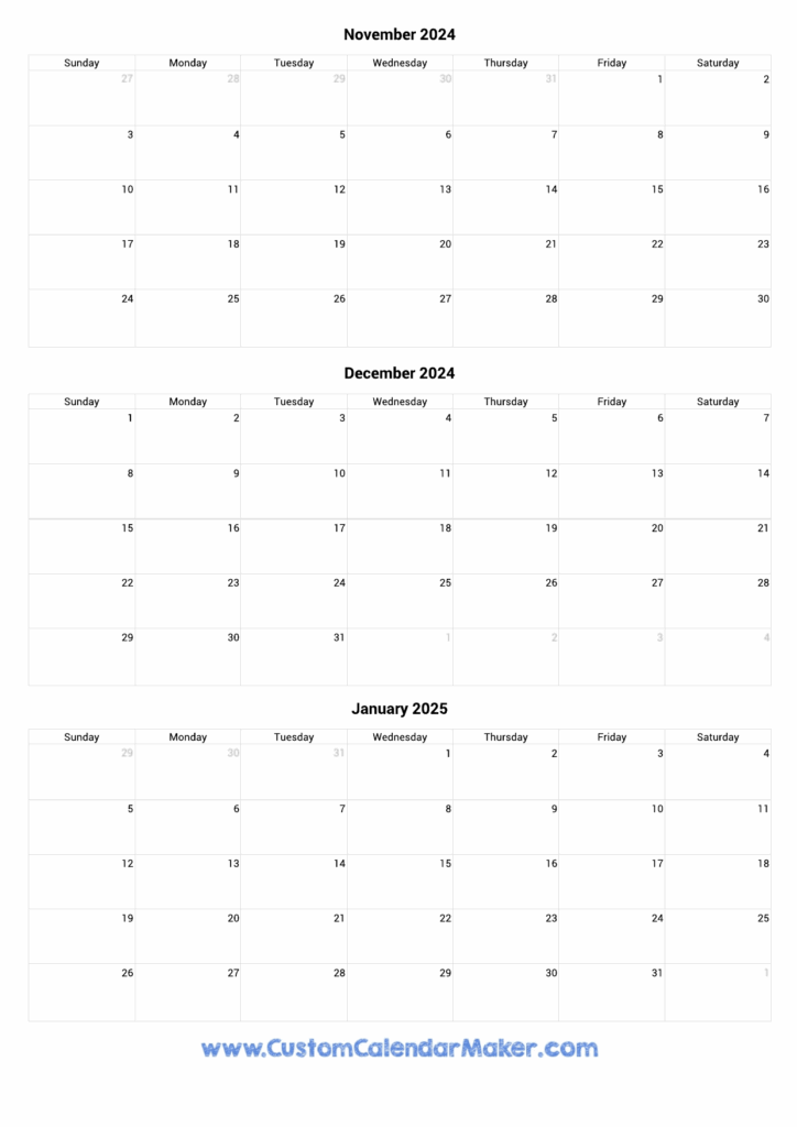Printable 3 Month Calendar 2025 October November December January 