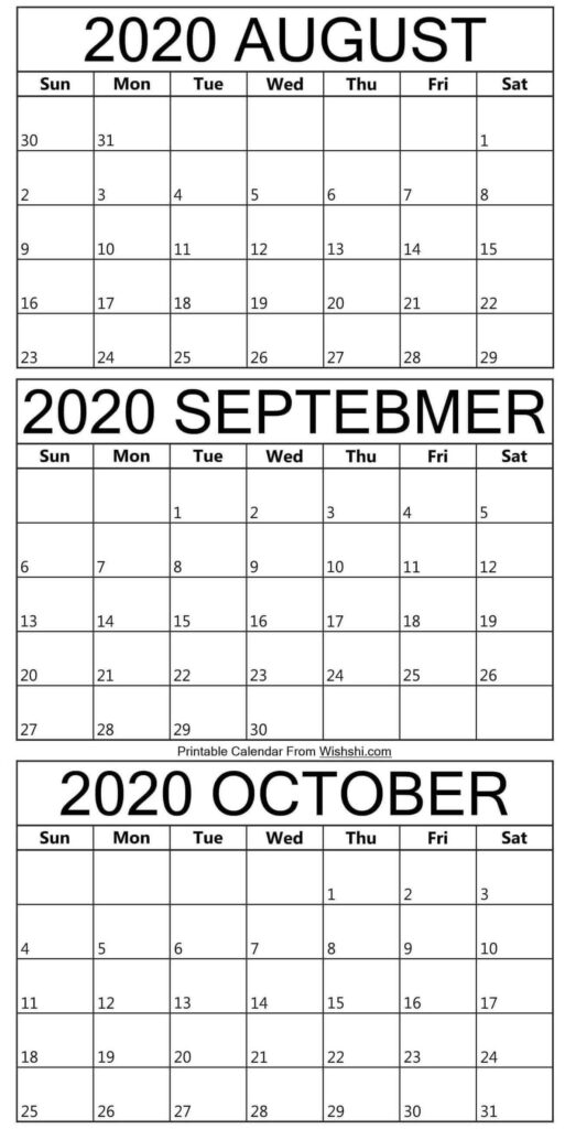 Printable August To October 2020 Calendar Calendar Printables Free 