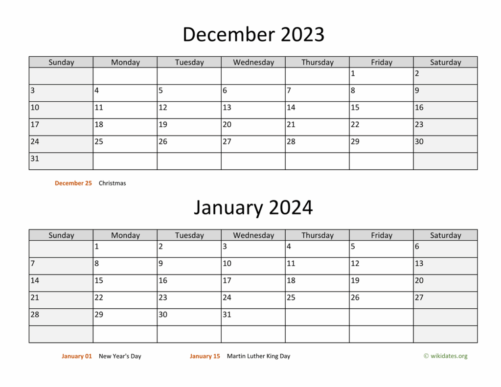 Printable Calendar December 2023 January 2024