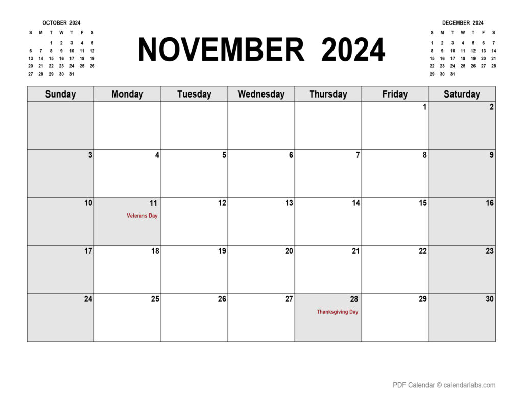 Printable Calendar November 2024 Monthly Sayre Lizzie