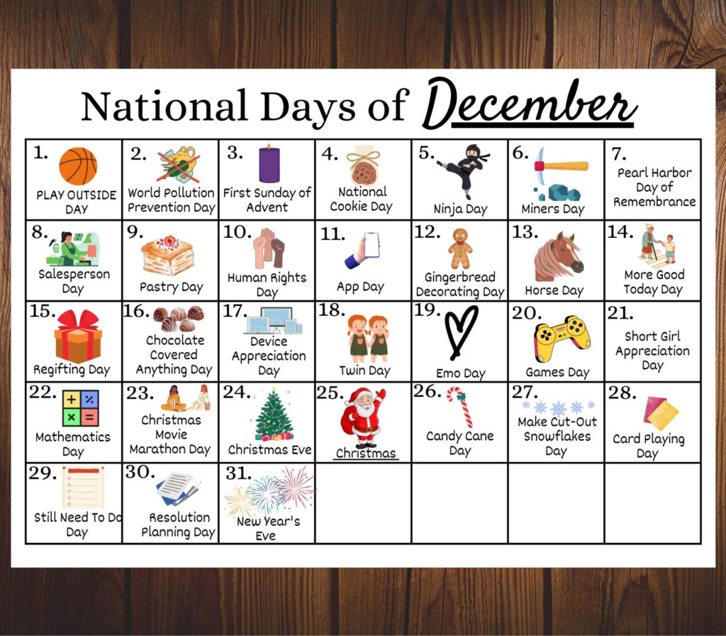 Printable December National Days Calendar Fun Family Calendar 