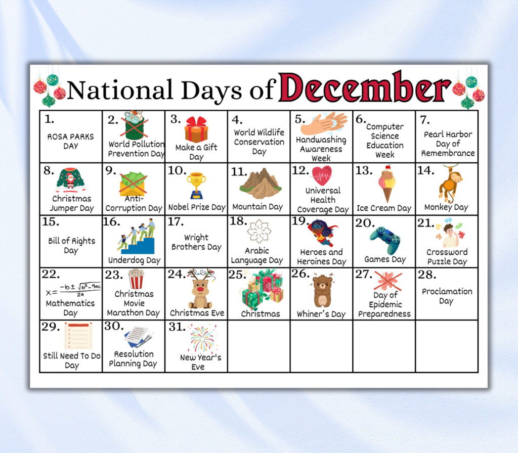 Printable December National Days Calendar Fun Family Calendar 