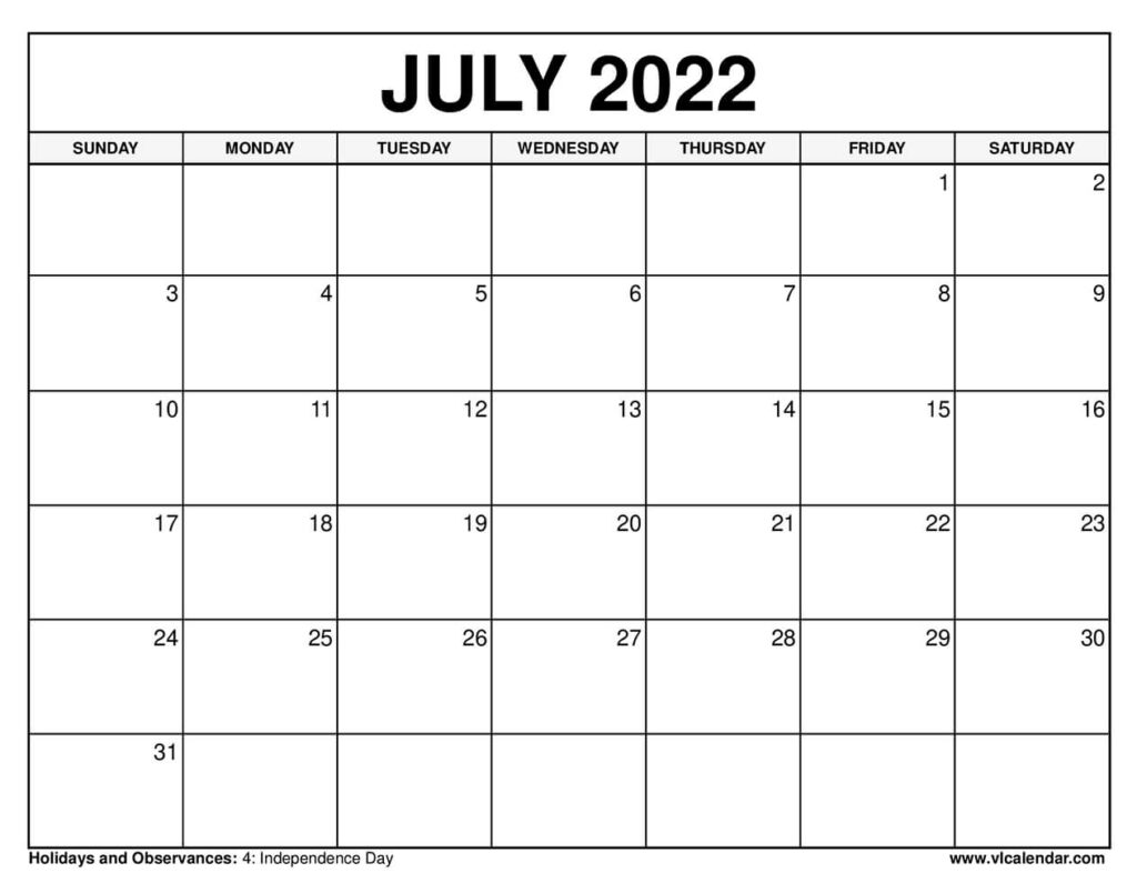 Printable July 2022 Calendar Templates With Holidays VL Calendar
