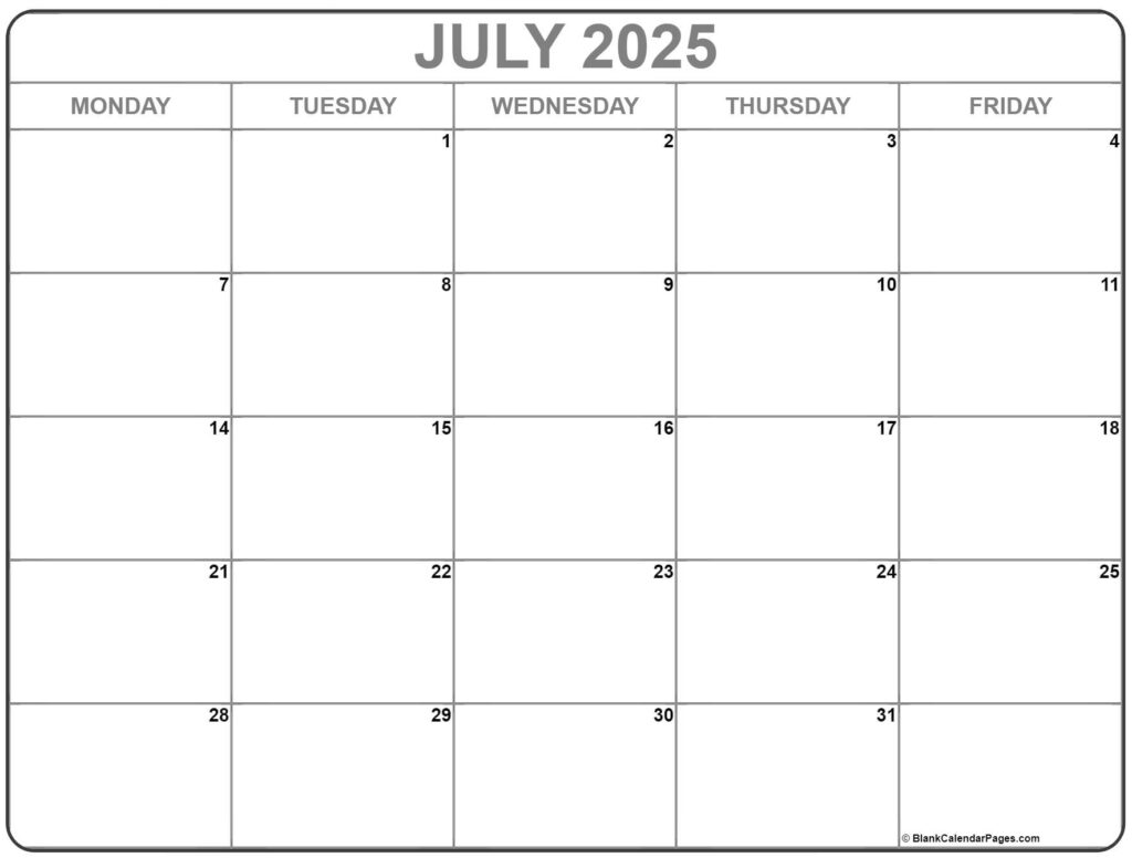 Printable July 2025 Calendar Monday Start Tonya C Haven