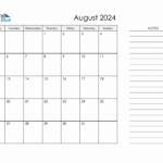 Printable Monthly Calendar With Notes August 2024