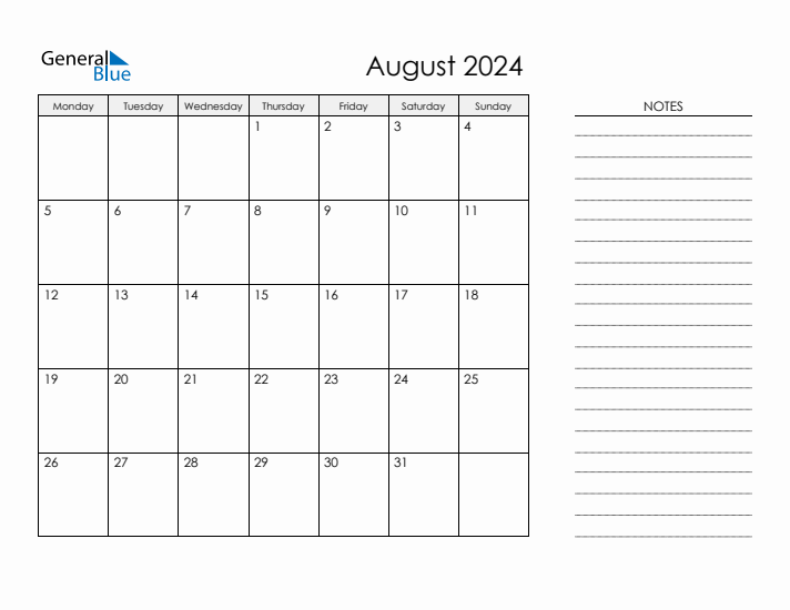 Printable Monthly Calendar With Notes August 2024