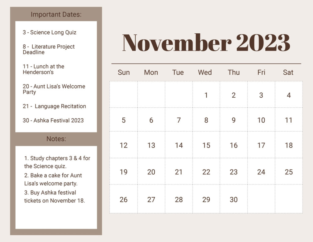 Printable November 2023 Calendar Template In Illustrator EPS JPG 