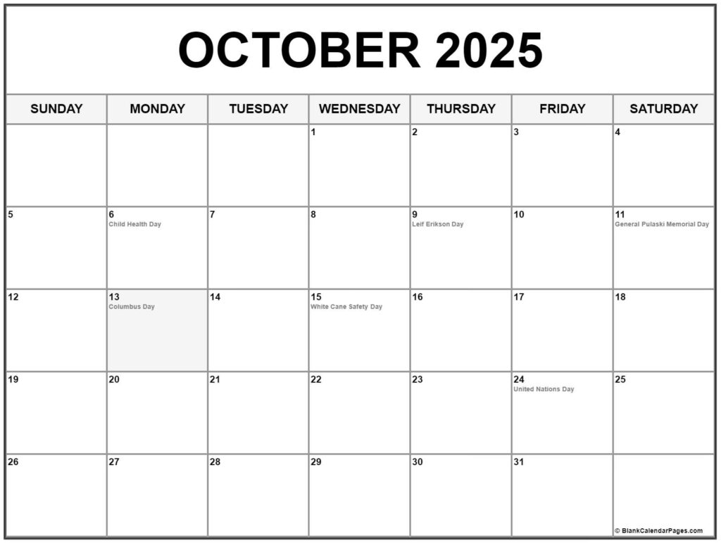 Printable Oct 2025 Calendar With Holidays List Catie Caralie