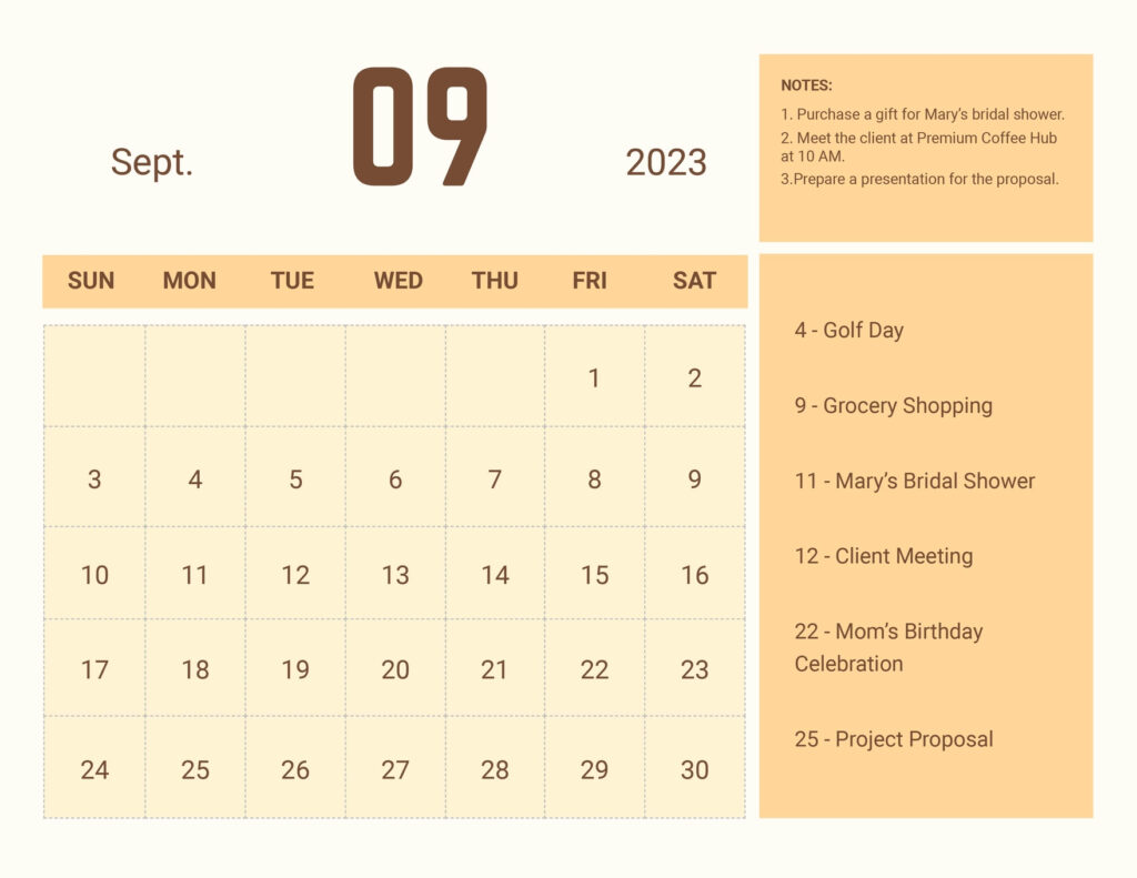 Printable September 2023 Calendar Template In Illustrator JPG EPS 