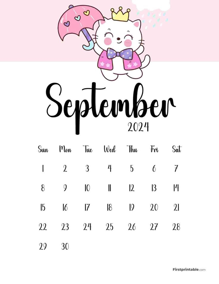 Printable September 2024 Cute Calendar Cat Theme FREE PDF Cute 