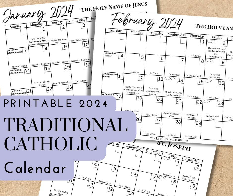 Printable Traditional Catholic 2024 Calendar Downloadable PDF File 