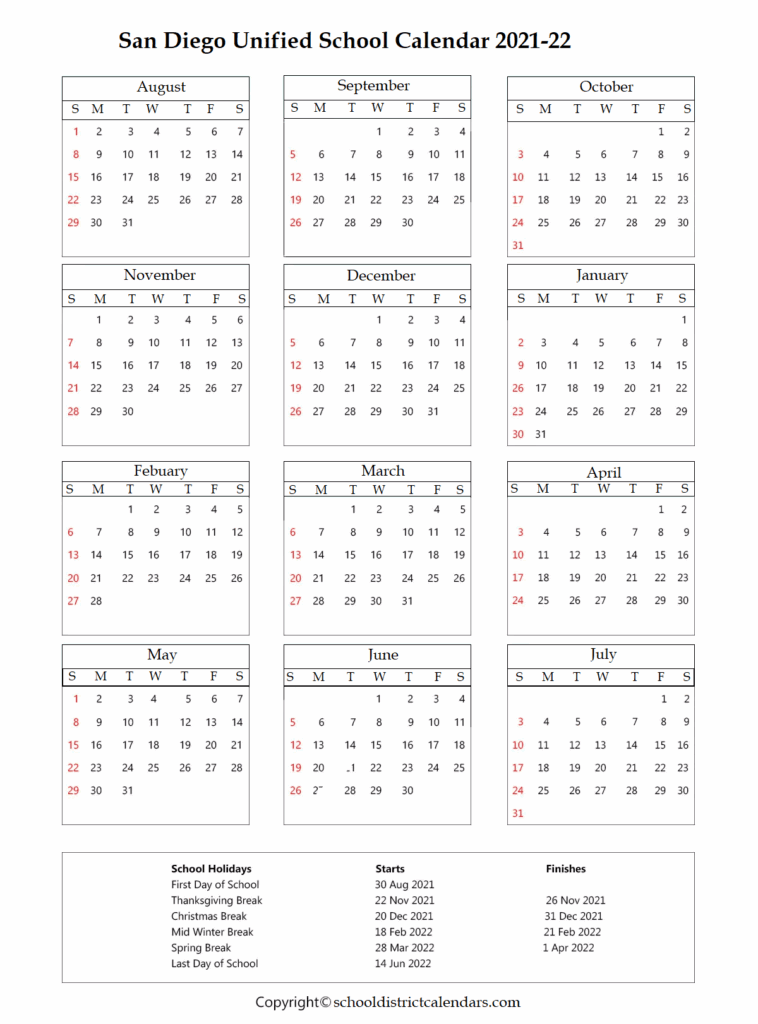 San Diego Unified Calendar 2023 Printable Calendar Printables