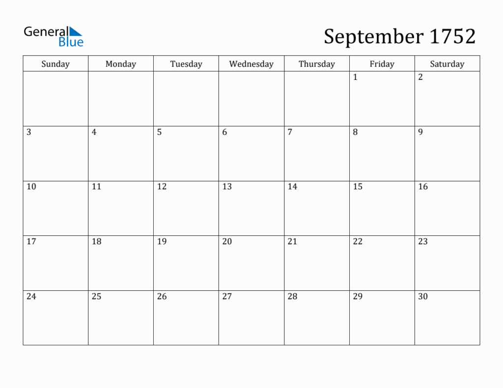 September 1752 Monthly Calendar