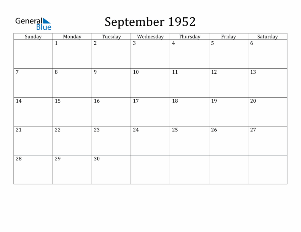 September 1952 Calendar PDF Word Excel