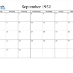 September 1952 Calendar PDF Word Excel