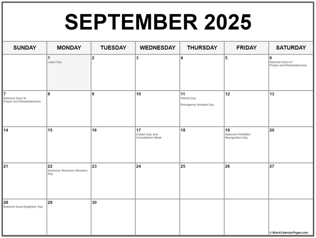 September 2022 With Holidays Calendar