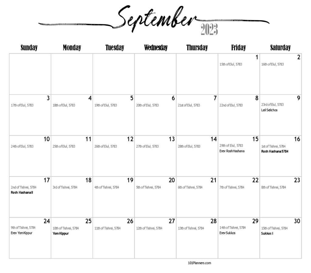 September 2023 Calendar With Jewish Holidays