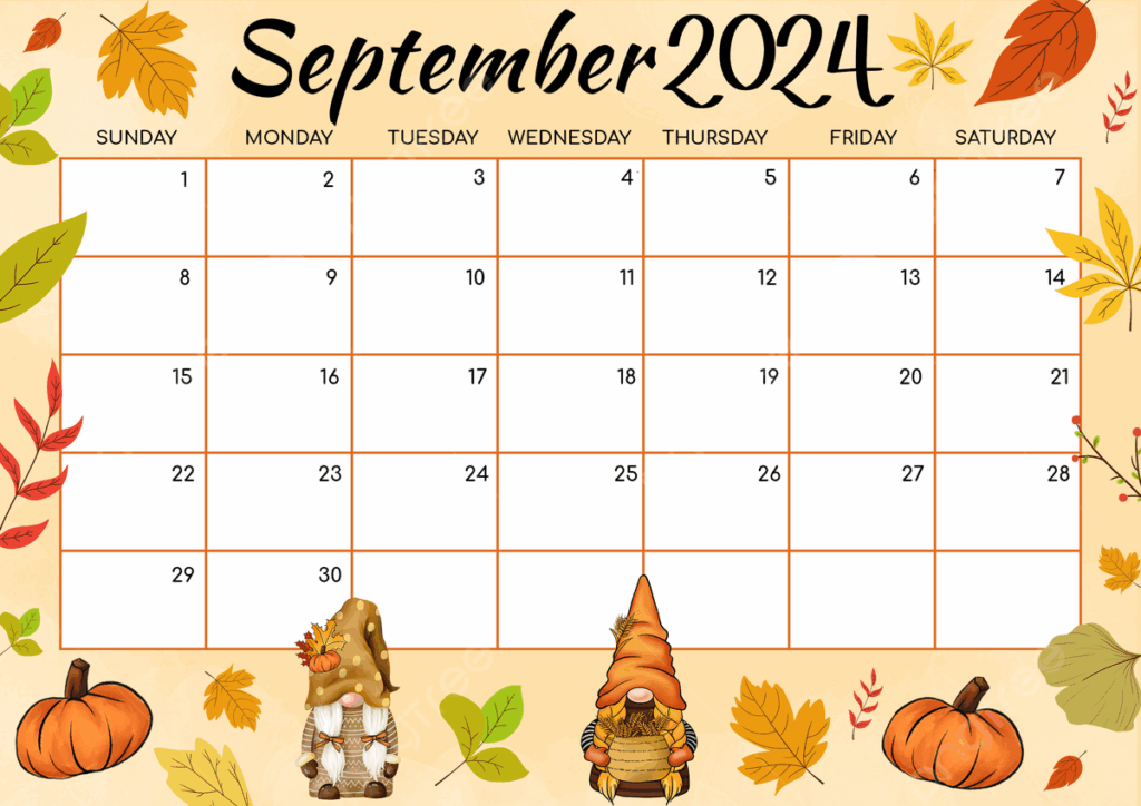 September 2024 Calendar With Pumpkins In Multicolored Cartoon Style 