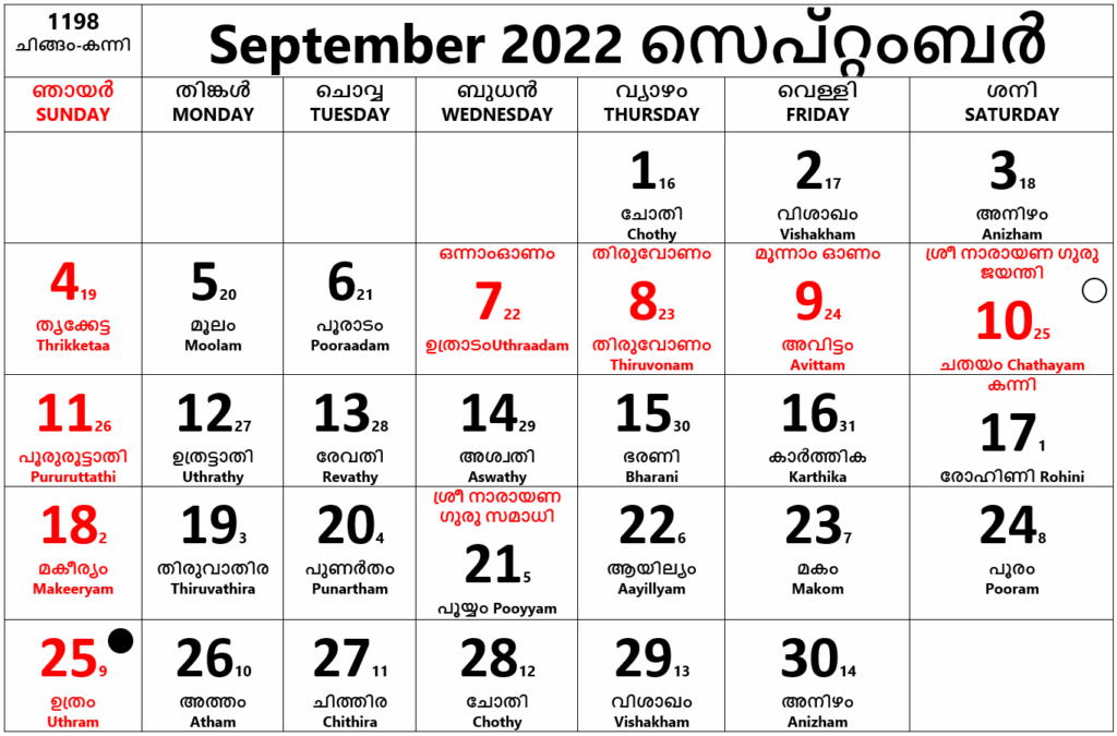 September Month Calendar 2025 Malayalam Claire L Fossey