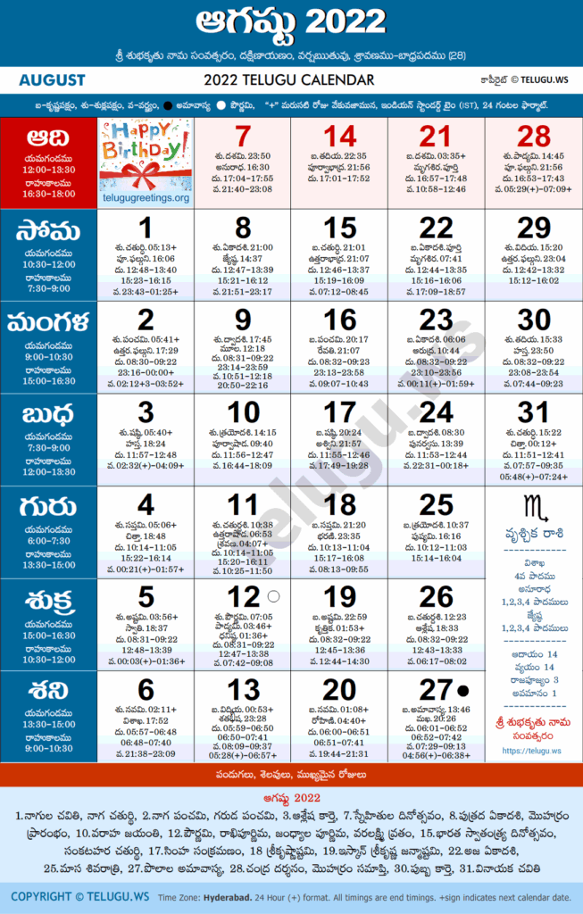 Telugu Calendar 2022 August PDF Print With Festivals Holidays List