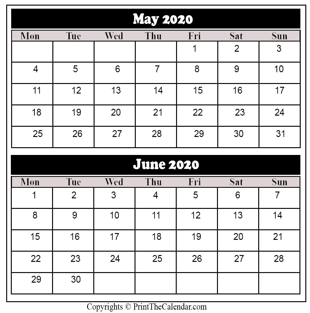 Three Month Calendar May June July 2020 June Calendar Printable August 
